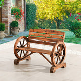 Wooden Wagon Wheel Bench 2-Person Outdoor Rustic Chair Country Yard with Backrest