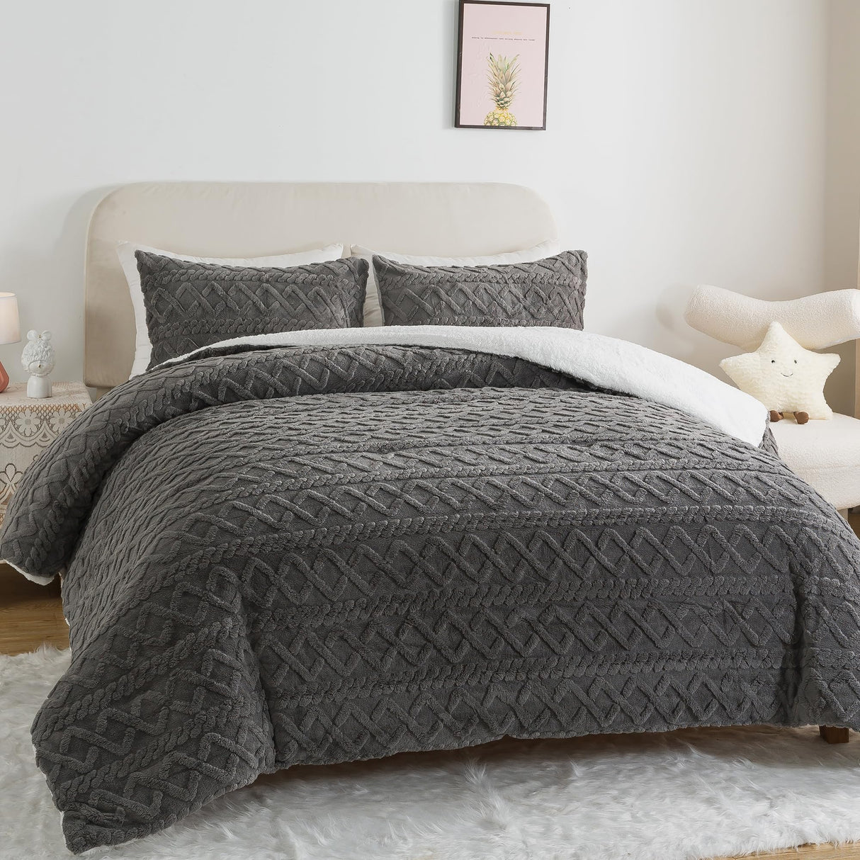 Grey Sherpa Comforter Set King Size, 3 Pieces Fluffy Faux Fur Bedding Comforter, Winter