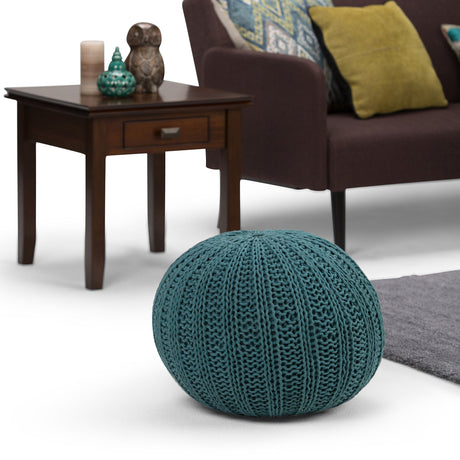 Shelby Round Hand Knit Pouf, Footstool, Upholstered in Teal Cotton, for the Living Room