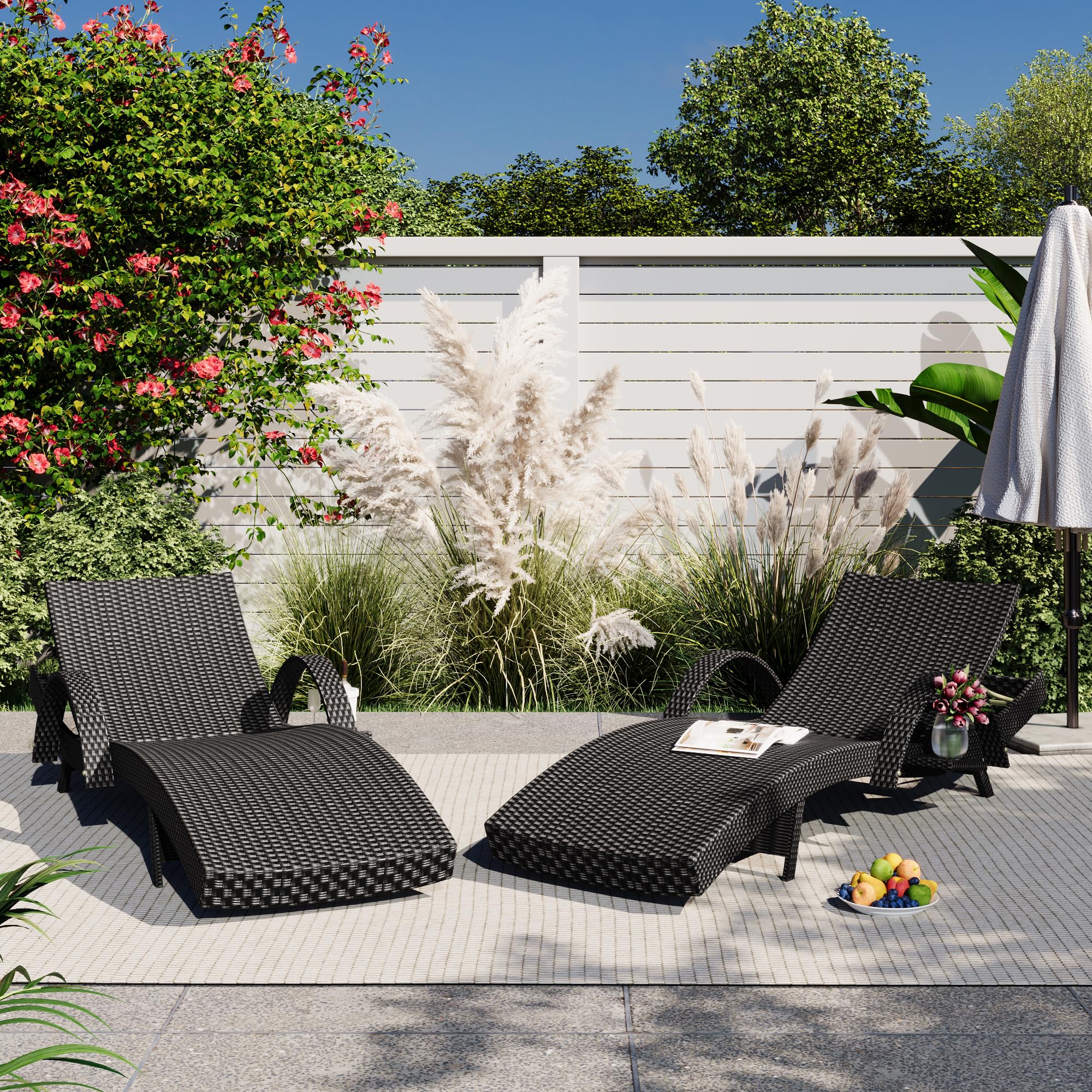 Outdoor Wicker Chaise Lounge Set of 2, Patio Rattan Furniture Reclining Chair Set
