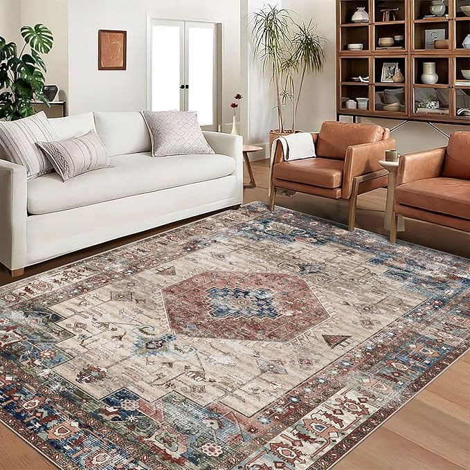 6x9 Area Rugs, Stain Resistant Washable Rug for Living Room, Vintage Inspired Rug