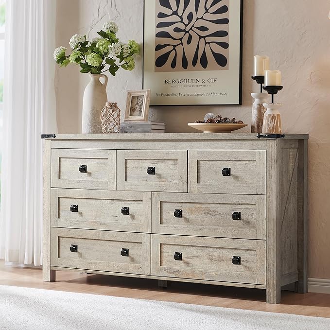 6 Drawer Dresser for Bedroom, 54 Inch Wide Rustic Wood Dresser