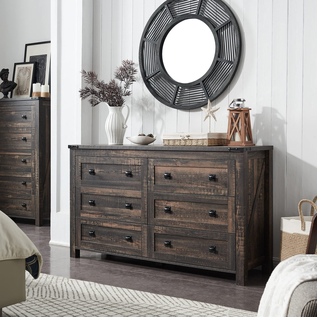 Farmhouse 6 Drawers Dresser for Bedroom, Wood Rustic Wide Chest of Drawers,