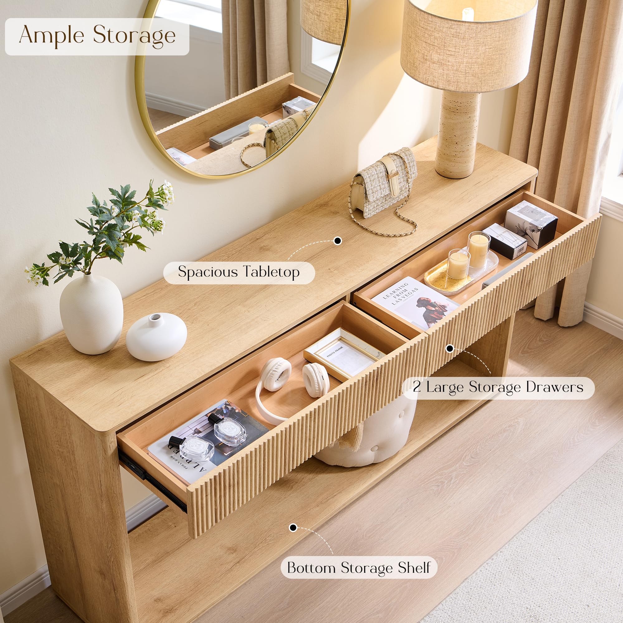 63" Fluted Console Table with 2 Drawers - Natural Oak