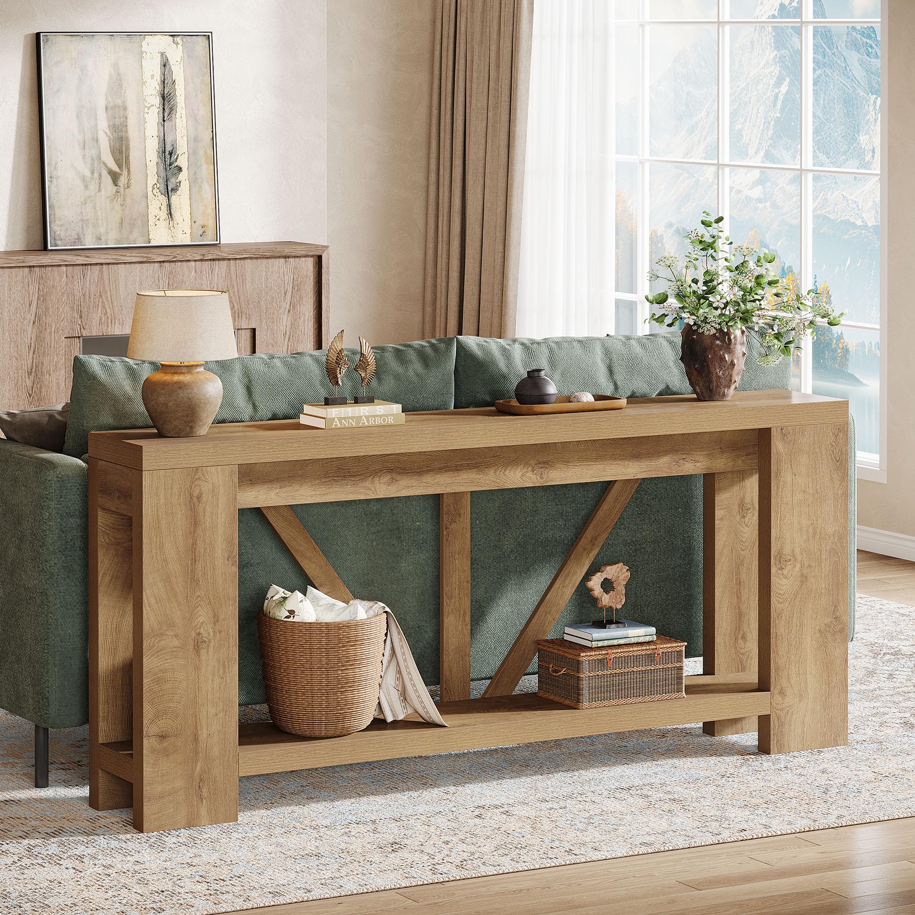70.9" Extra Long Farmhouse Console Table with Storage - Light Brown