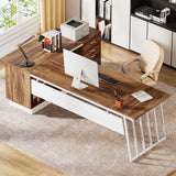 71-Inch Executive Desk, L-Shaped Desk with Cabinet, Large Office Desk with Drawers