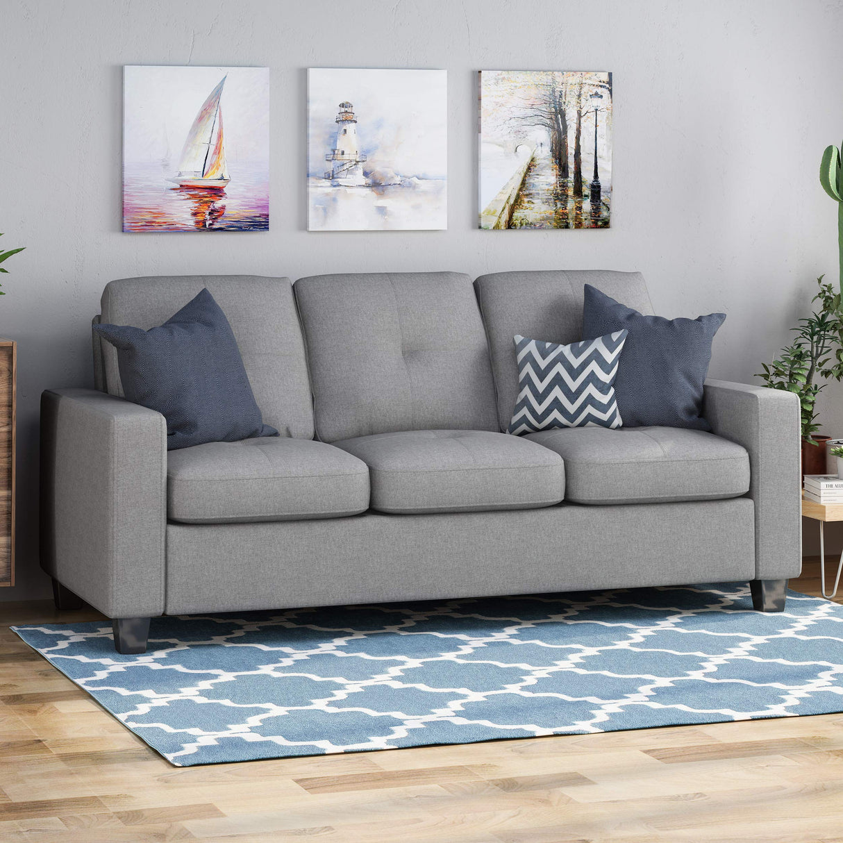 Viviana Three Seater Sofa with Wood Legs, Gray and Natural Finish