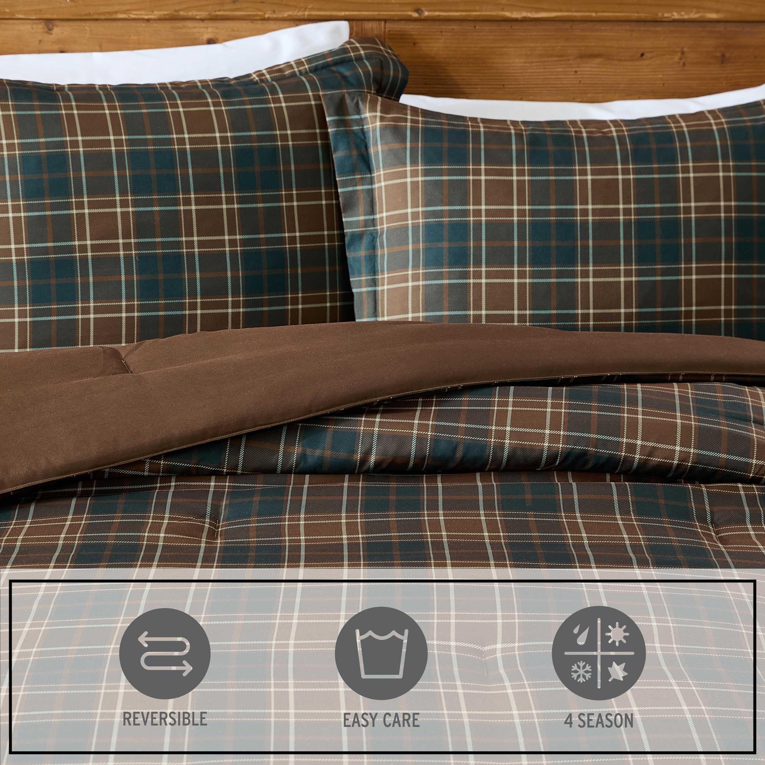Queen Comforter Set - Huntley Plaid Brown 3-Piece Bedding with Matching Pillowcases