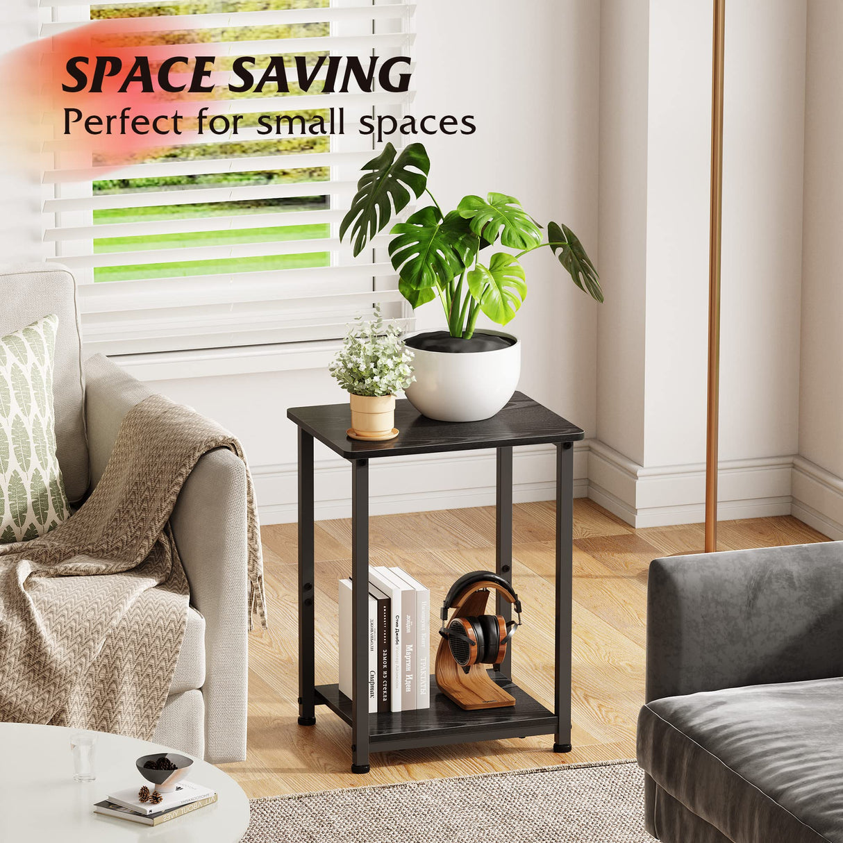 Black End Table, 2-Tier Small Side Table for Living Room, Bedroom, Small End Tables