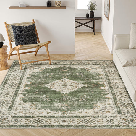 Washable Rug 5x7 - Ultra Thin Green Collection Area Rug, Stain Resistant Non-Skid Rugs