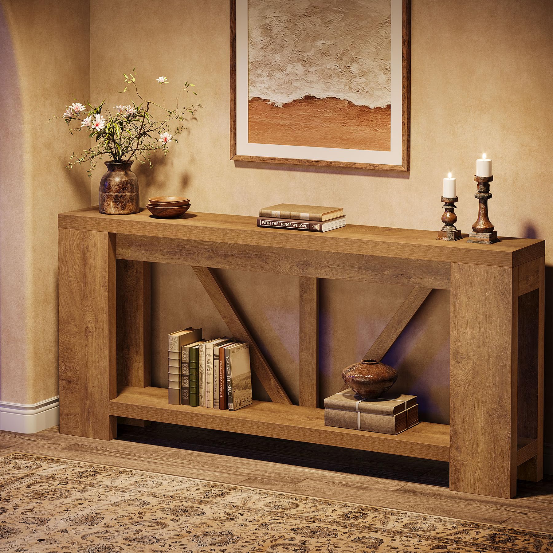 70.9" Extra Long Farmhouse Console Table with Storage - Light Brown