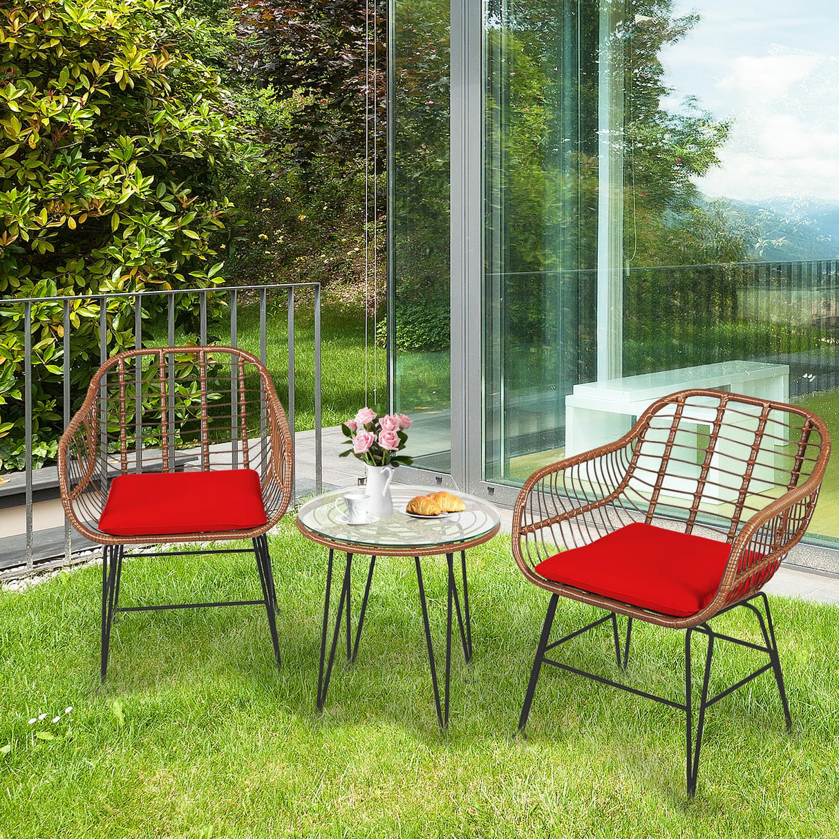3-Piece Patio Bistro Set PE Rattan Wicker Armchairs and Coffee Table Set with Cushions