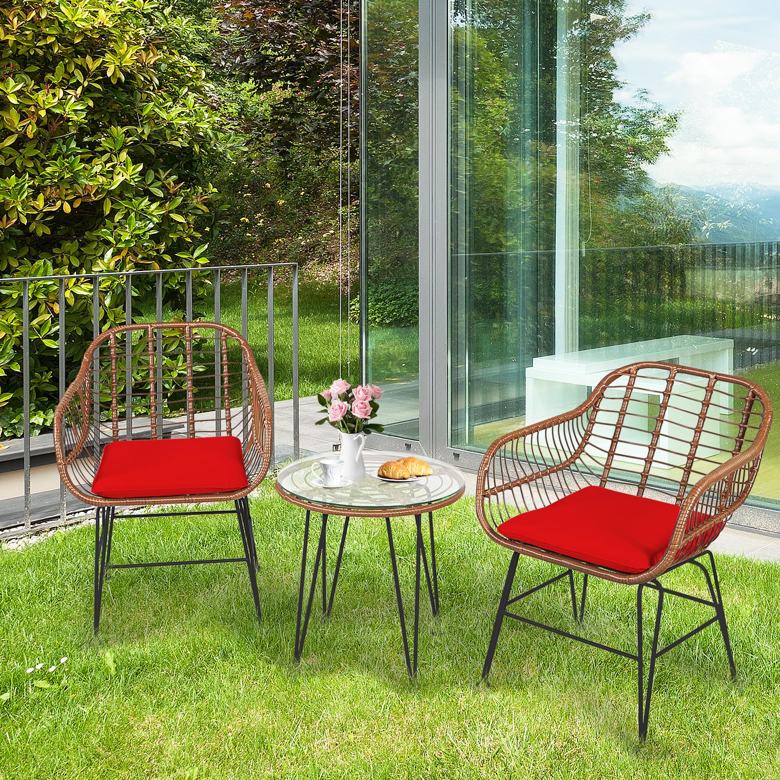 3-Piece Patio Bistro Set PE Rattan Wicker Armchairs and Coffee Table Set with Cushions