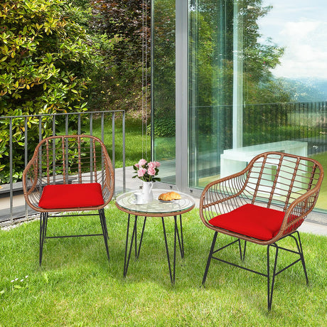 3-Piece Patio Bistro Set PE Rattan Wicker Armchairs and Coffee Table Set with Cushions