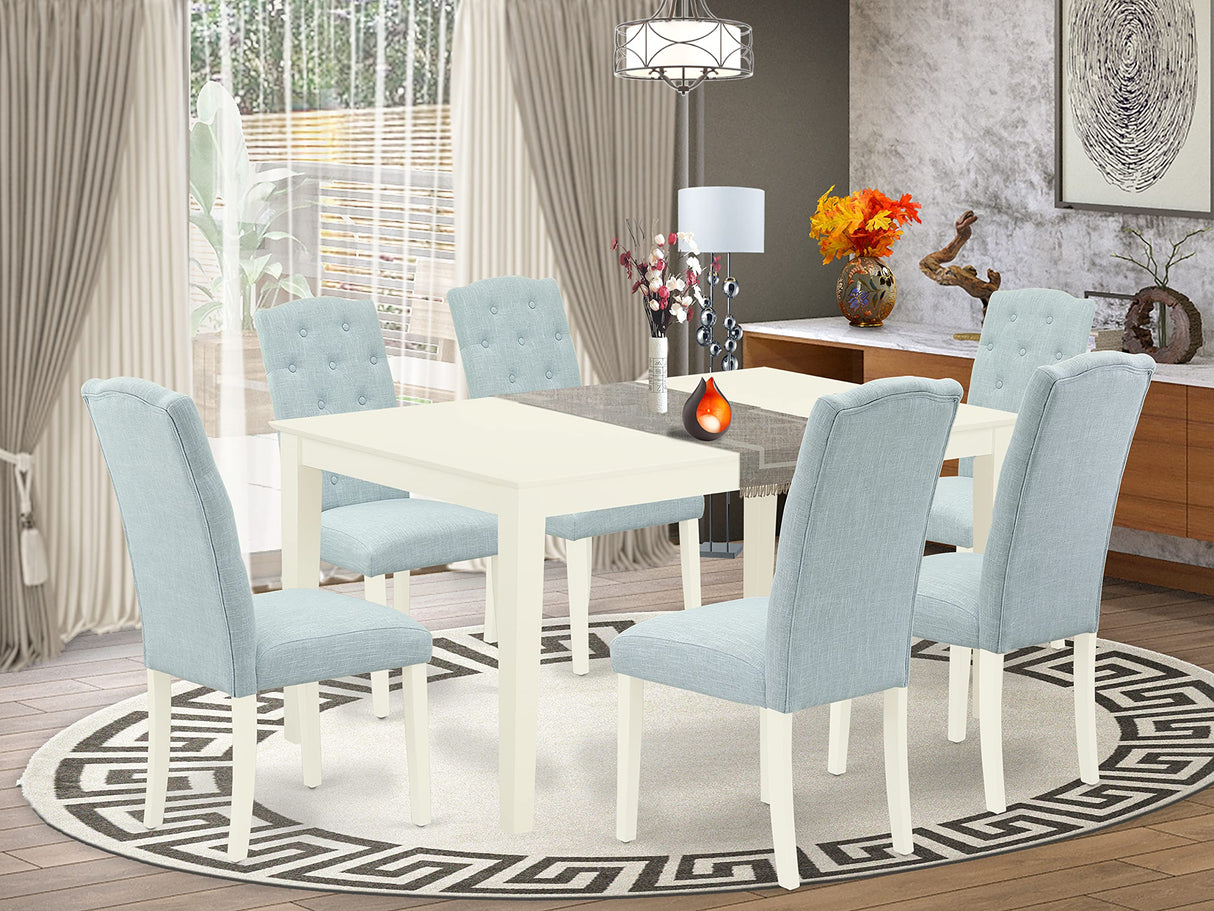 East West Furniture CACE7-LWH-15 Capri 7 Piece Kitchen Set Consist of a Rectangle Table and 6 Baby Blue Fabric Parsons Dining Room Chairs, 36x60 Inch, Linen White