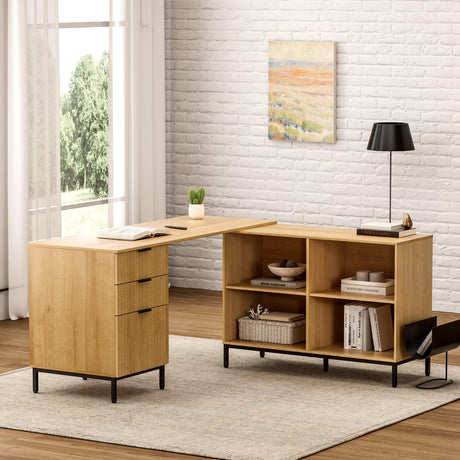 60" L Shaped Fluted Desk, Computer Desk with Movable Storage Cabinet Home Office Desk