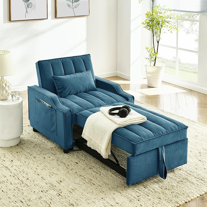 Modern Loveseat Sleeper Sofa Bed Pull Out Couch, Adjustable Backrest, Velvet 3-in-1 Convertible for Living Room Sofa with Storage Pocket, Throw Pillow(Blue)