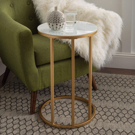 Ophelia Contemporary Metal and Glass Round C Accent Table, 16 Inch, Marble and Gold