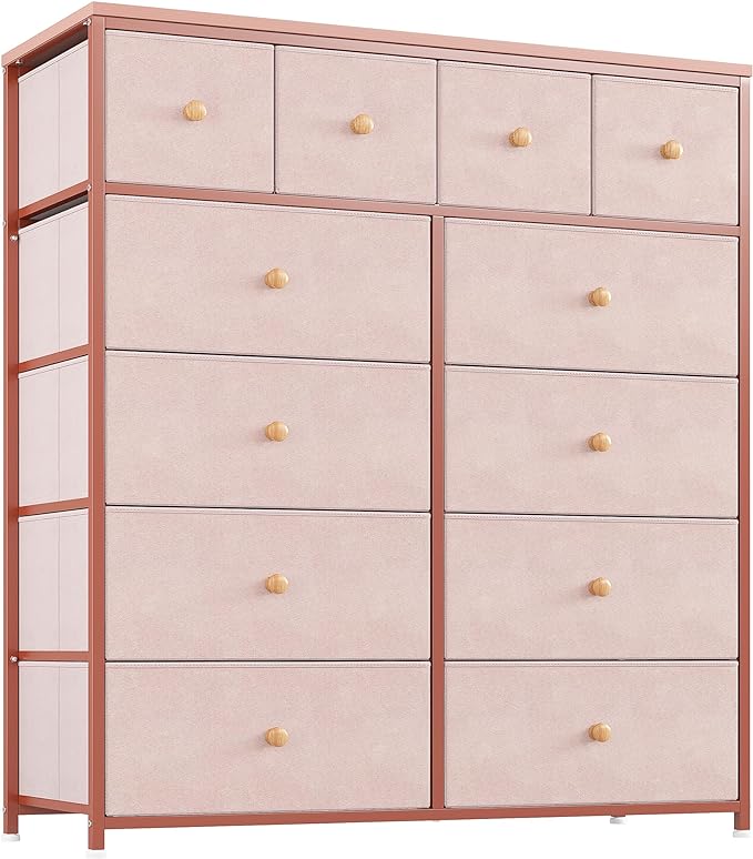 Purple Dresser, Dresser for Bedroom with 12 Drawers, Tall Dresser with Wooden Top and Metal Frame