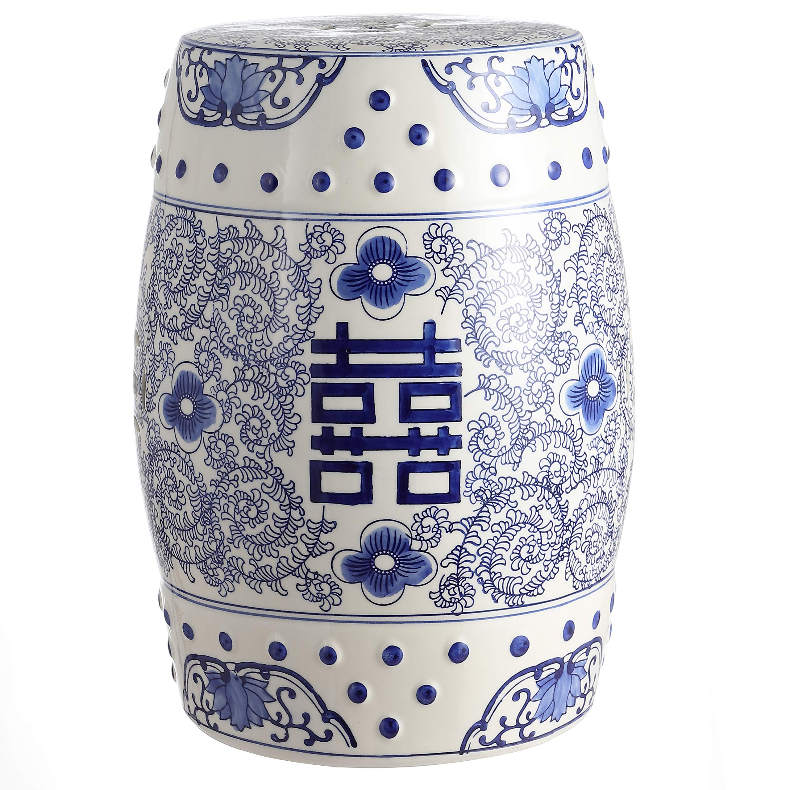 TBL1013B Double Happiness 18" Chinoiserie Ceramic Drum Garden Stool Bohemian, Coastal, Classic, Cottage,