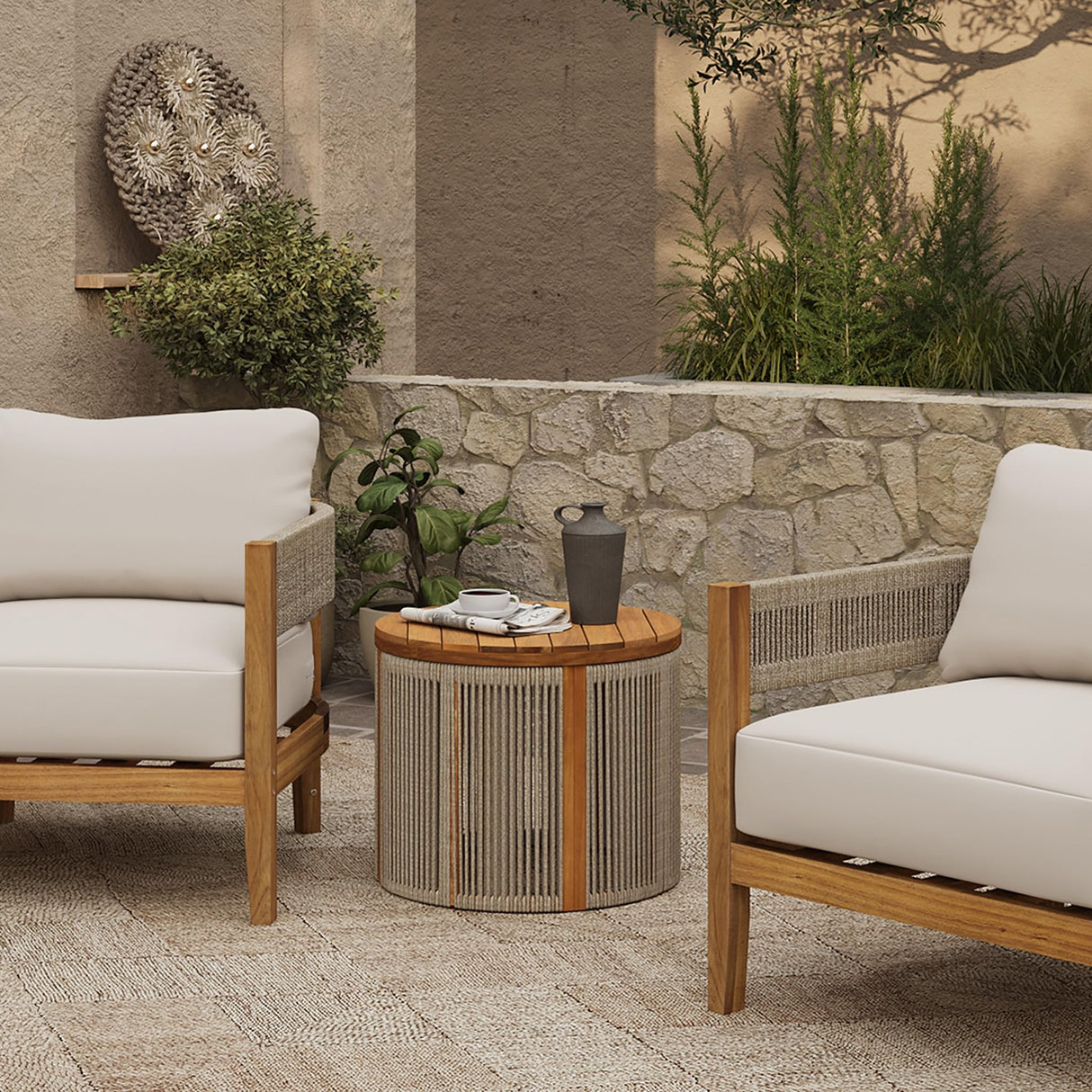 LuxenHome Outdoor Side Table, 17'' Tall Rope Acacia Wood Outdoor End Tables for Patio, Garden Accent Table, Modern Round Side Table for Outside, Wooden Drum Table Indoor and Outdoor - Bircata