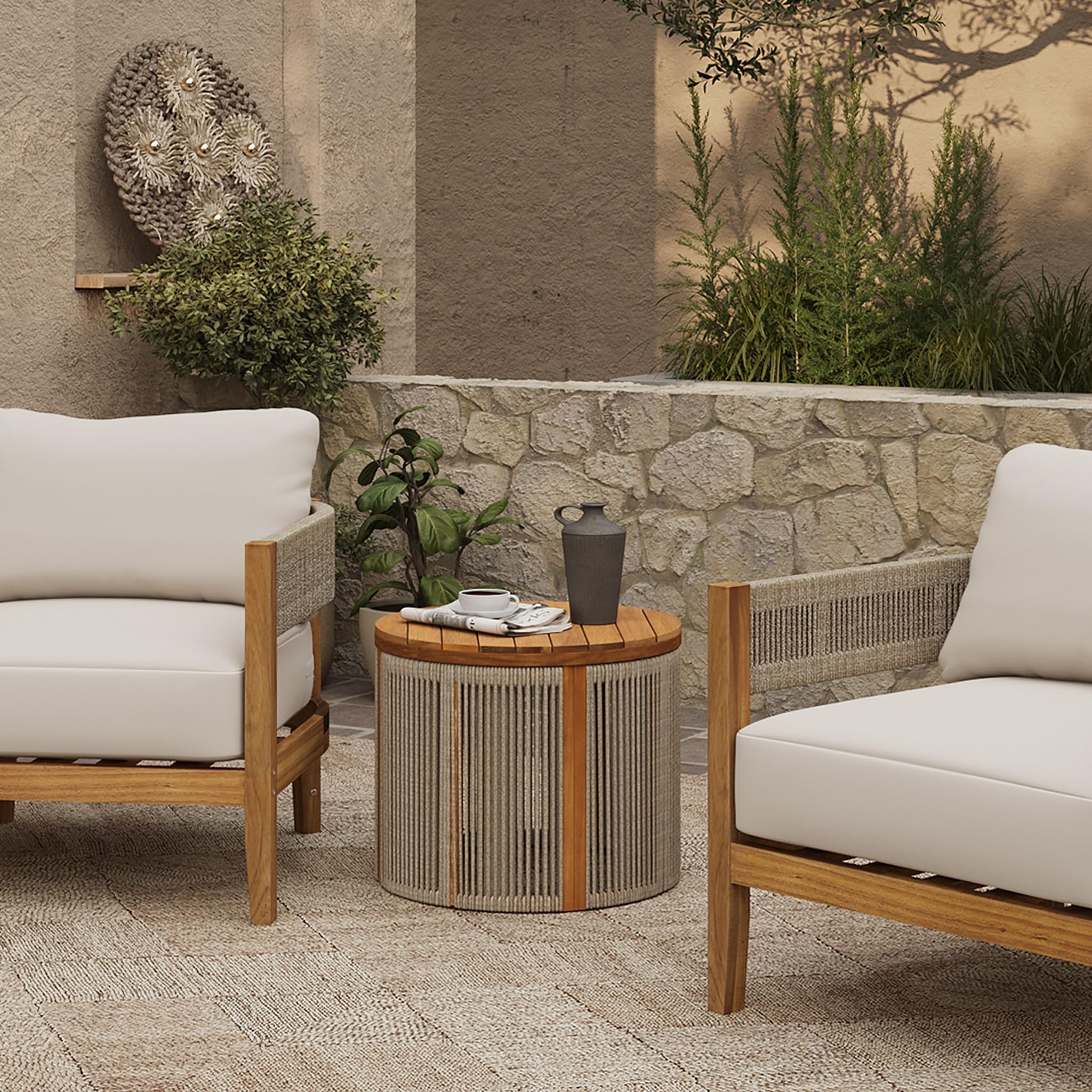 LuxenHome Outdoor Side Table, 17'' Tall Rope Acacia Wood Outdoor End Tables for Patio, Garden Accent Table, Modern Round Side Table for Outside, Wooden Drum Table Indoor and Outdoor - Bircata