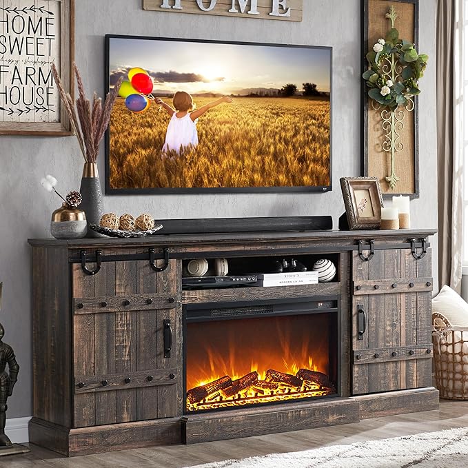 70" Fireplace TV Stand for 75 80 Inch TV, Farmhouse Highboy Entertainment Center