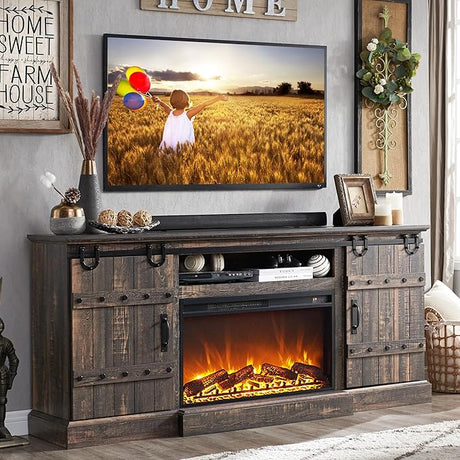 70" Fireplace TV Stand for 75 80 Inch TV, Farmhouse Highboy Entertainment Center