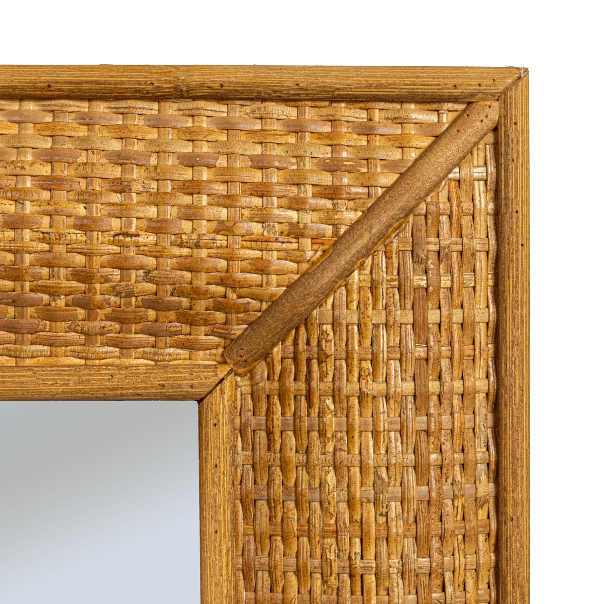 Rectangle Wood Framed Wall Mirror with Rattan Detail