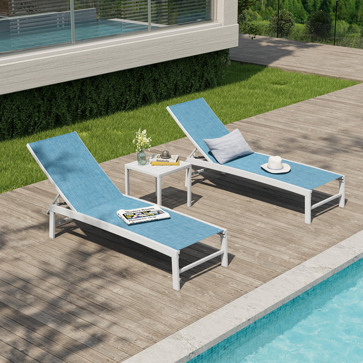 Patio Chaise Lounge Chair Set, 3PCS Outdoor Recliner Lounge Chair with Side Table