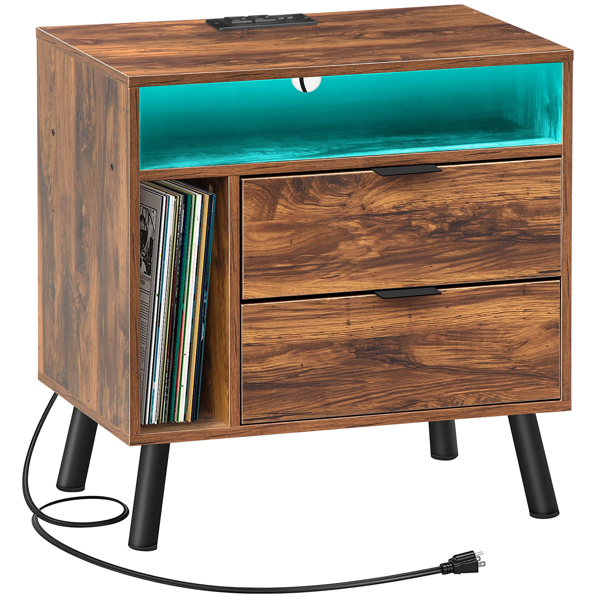 Side Table with Charging Station and LED Lights, Sofa End Table with USB Ports