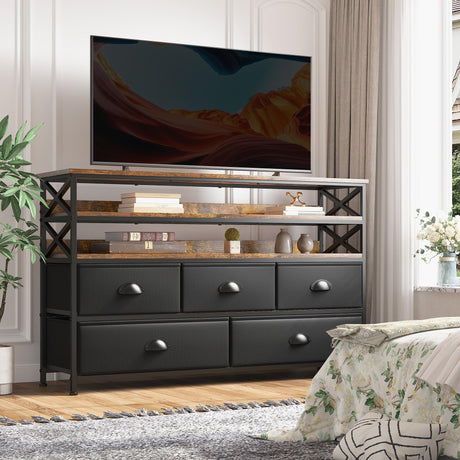 EnHomee Dresser TV Stand up to 55 Inch for Bedroom Entertainment Center with Fabric Drawers Media Console Table with Wood Open Shelves Storage Drawer Dresser for Bedroom, Living Room, Entryway, Black