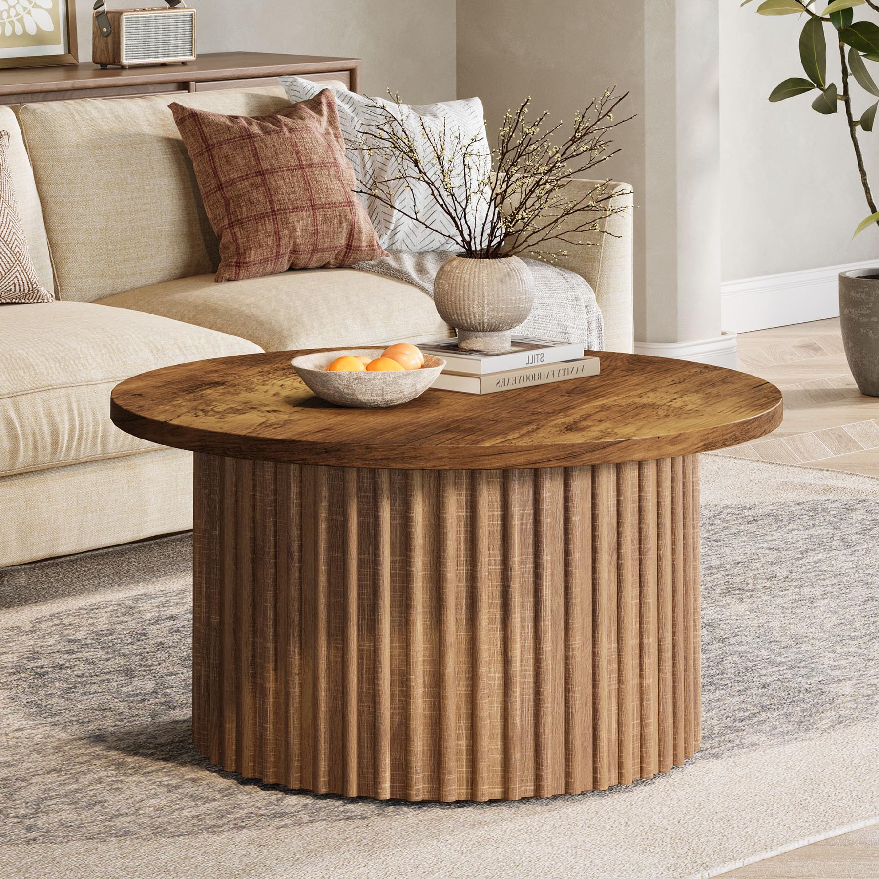 31.5" Round Coffee Table, Farmhouse Circle Coffee Table with Metal Base