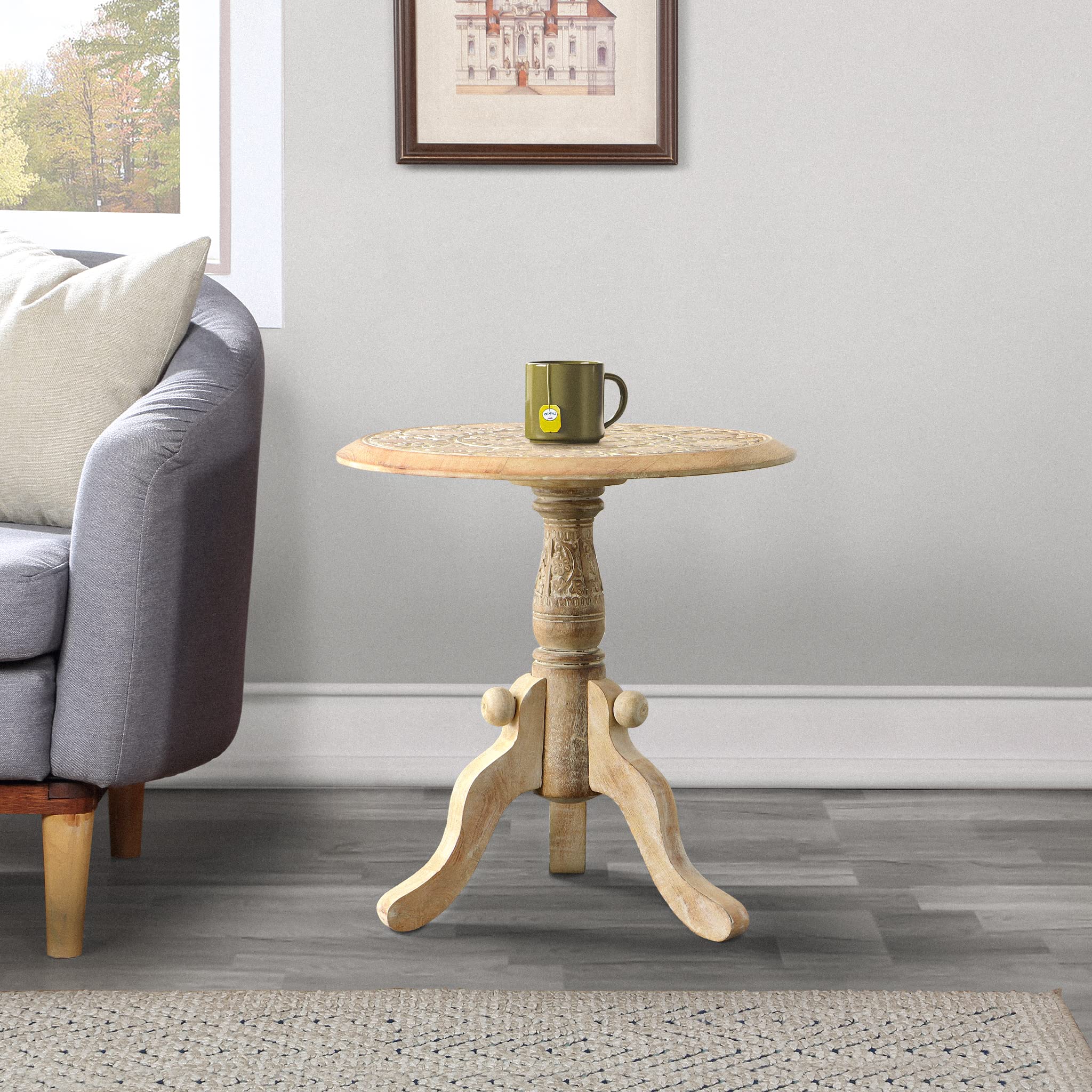 Intricately Carved Round Top Mango Wood Side End Table with Pedestal Base