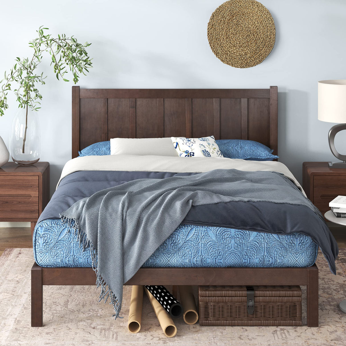 Adrian Wood Rustic Style Platform Bed with Headboard, No Box Spring Needed, Wood Slat