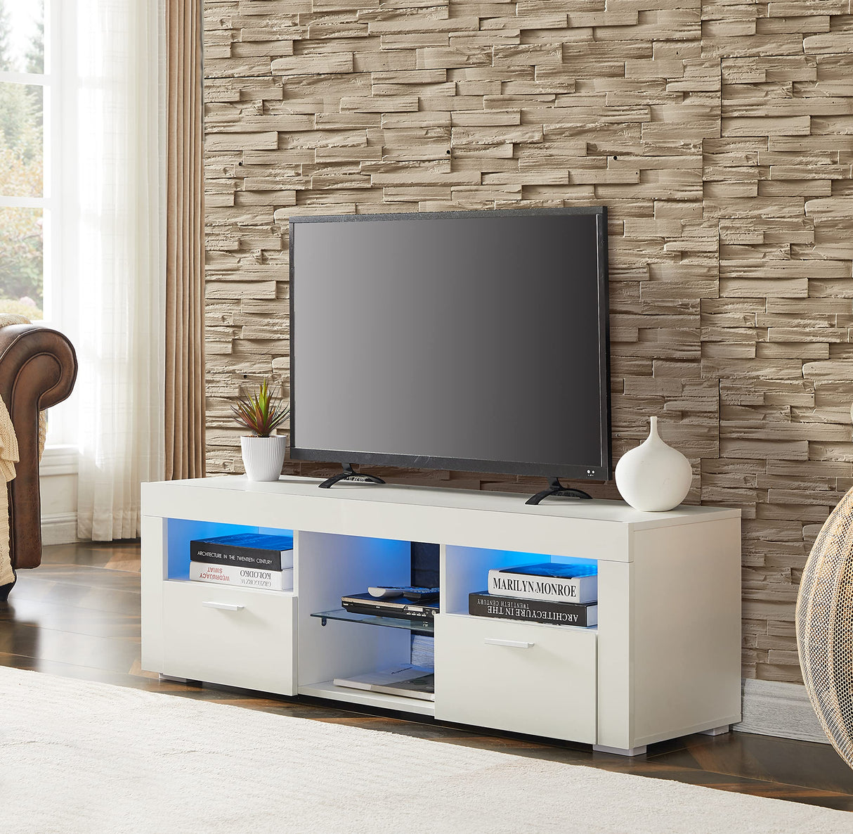 Modern White TV Stand for 32/50/55+ Inch TV, White Entertainment Center, TV Stands