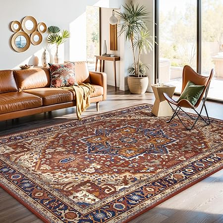 8x10 Ultra-Thin Vintage Area Rug - Oriental Print for Bedroom, Living Room