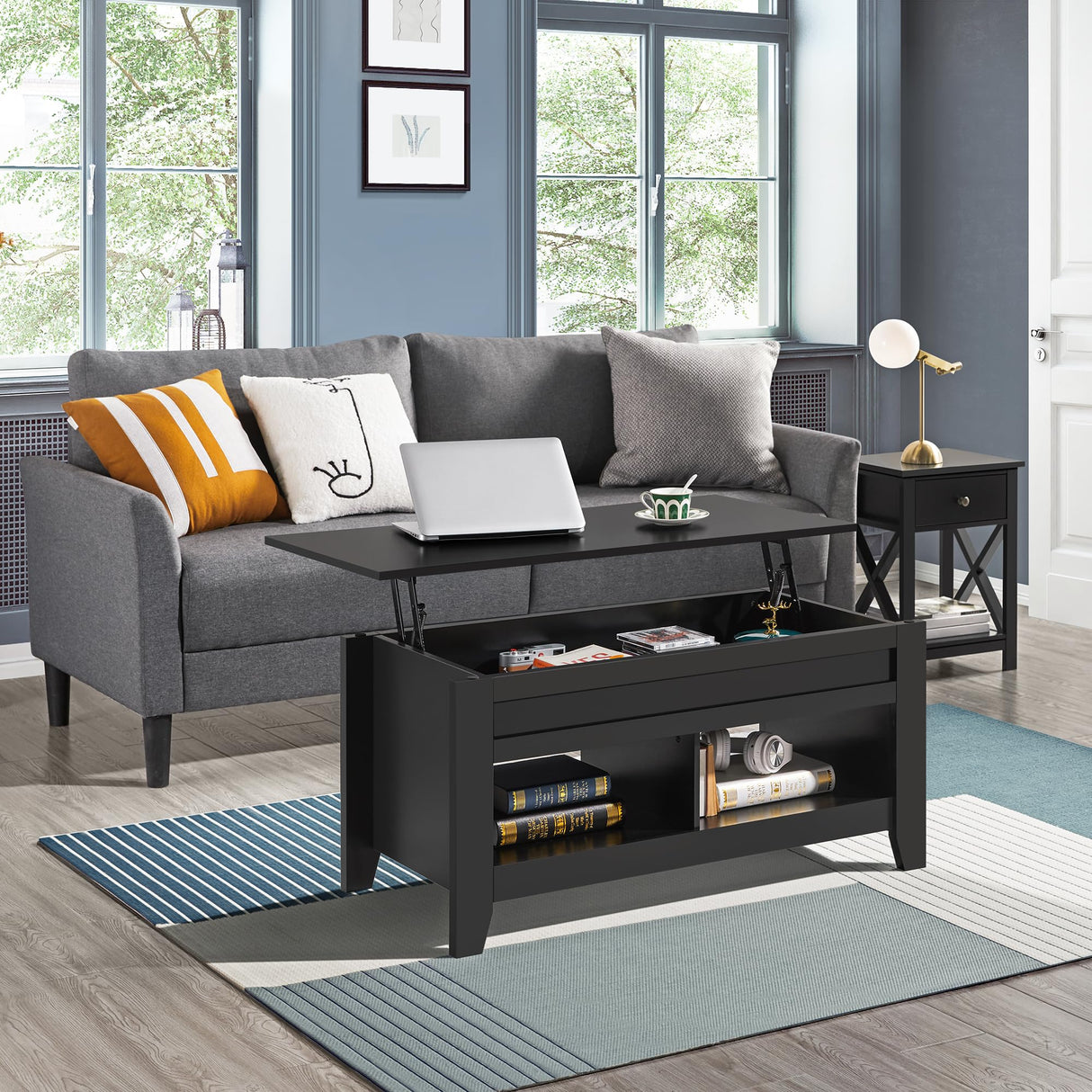 Black Wood Coffee Table Lift Up Coffee Table w/Hidden Storage & 2 Open Shelves