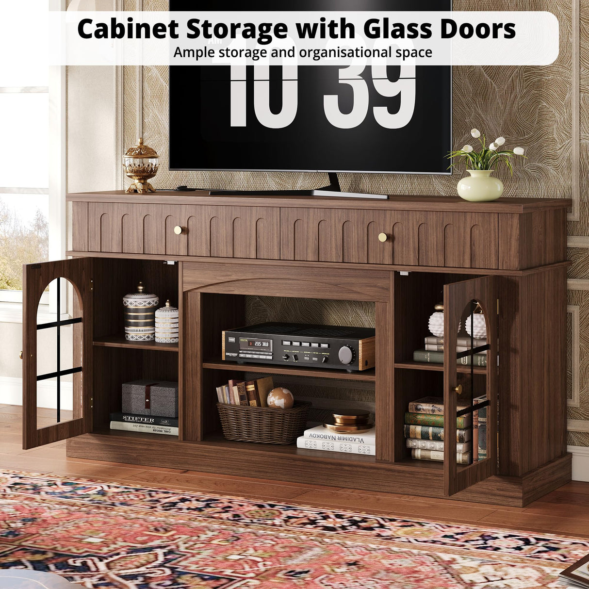 Mid-Century Modern TV Stand with Charging Station - 65 Inch Entertainment Center