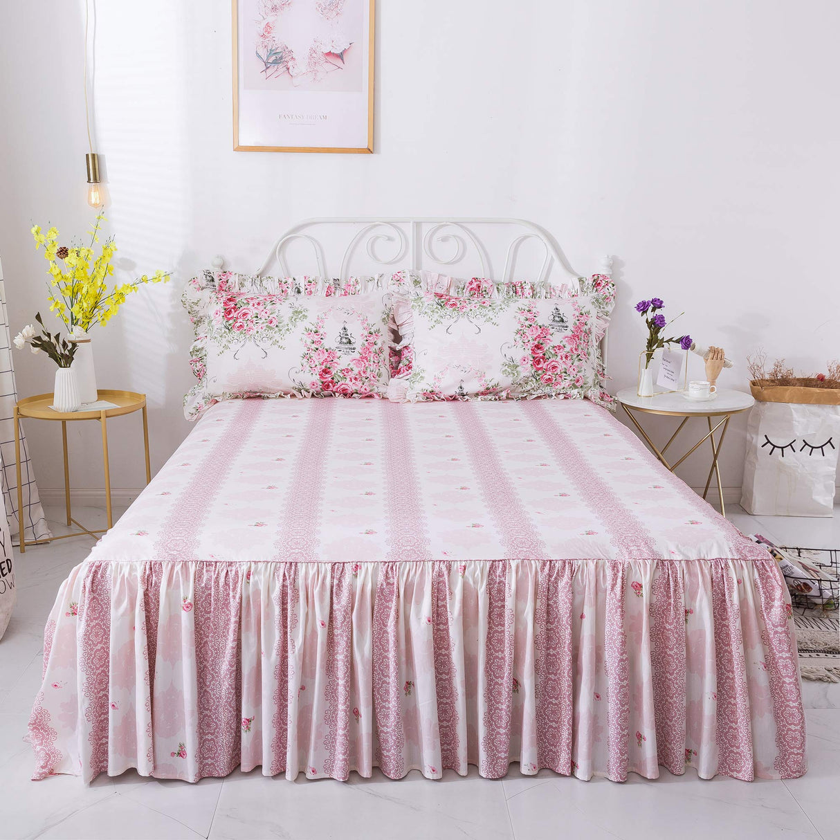 Duvet Cover Set Queen Elegant and Shabby Pink Rosette Floral Bedding