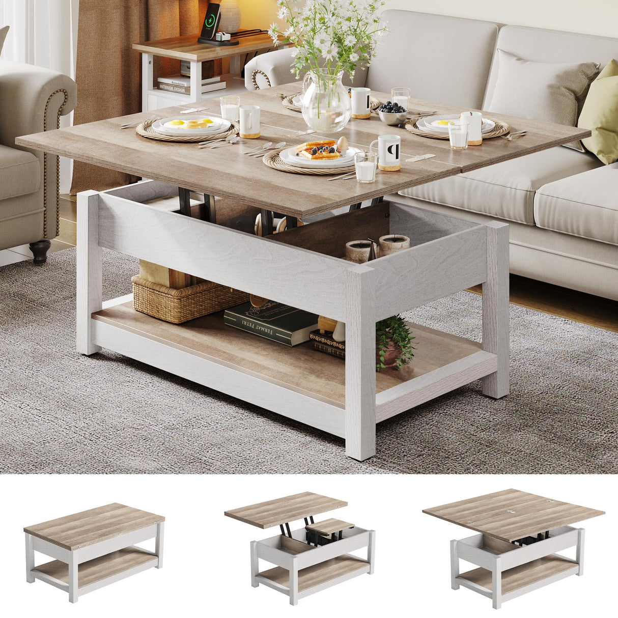 Lift Top Coffee Table, 3 in 1 Multi-Function Coffee Tables with Storage for Living Room