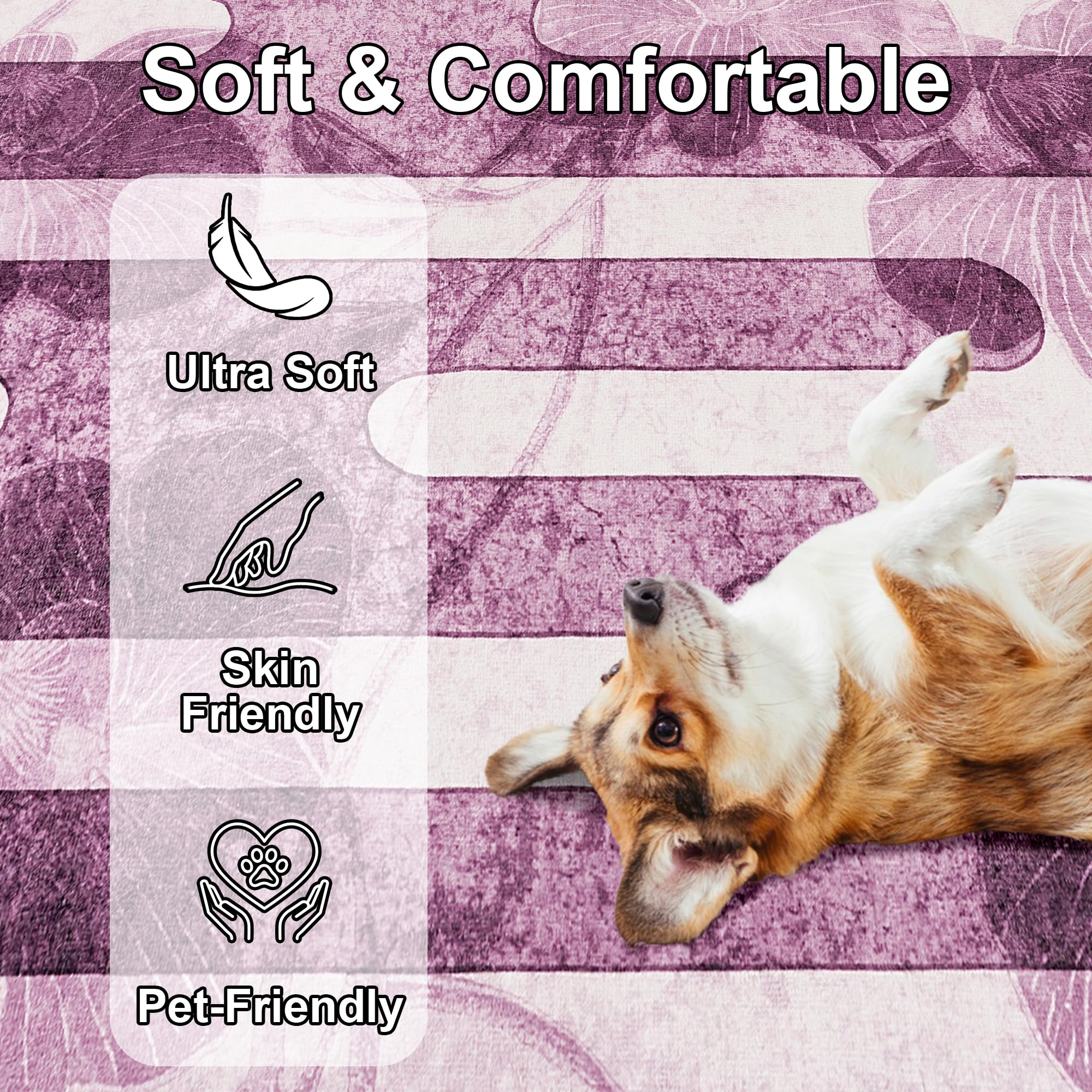 Zhangui 10x14 Purple Floral Rugs for Living Room - 10x14 Area Rug with Non Slip Backing, Dining Room Rugs for Under Table, Machine Washable Striped Rug for Bedroom