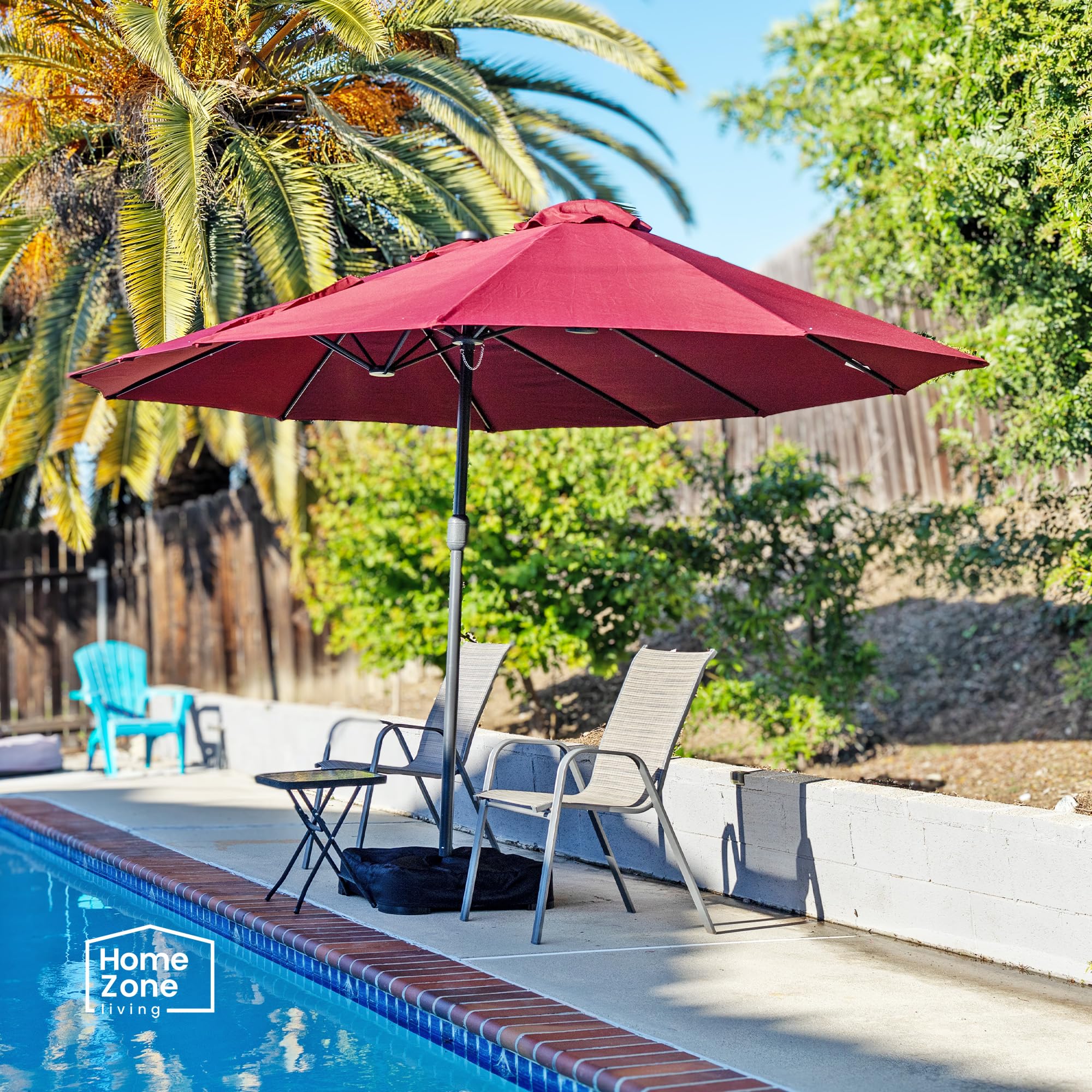 15x9 Ft Double Head Patio Umbrella with Base, 36 LED Lights, Sand Bags