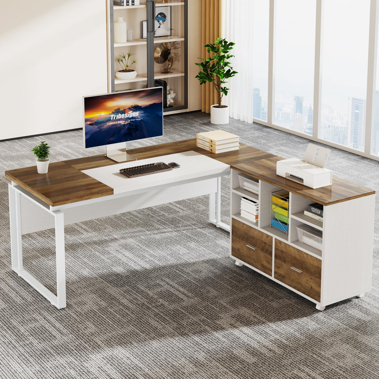 L-Shaped Executive Desk with Reversible File Cabinet, 63" Office Desk with Storage