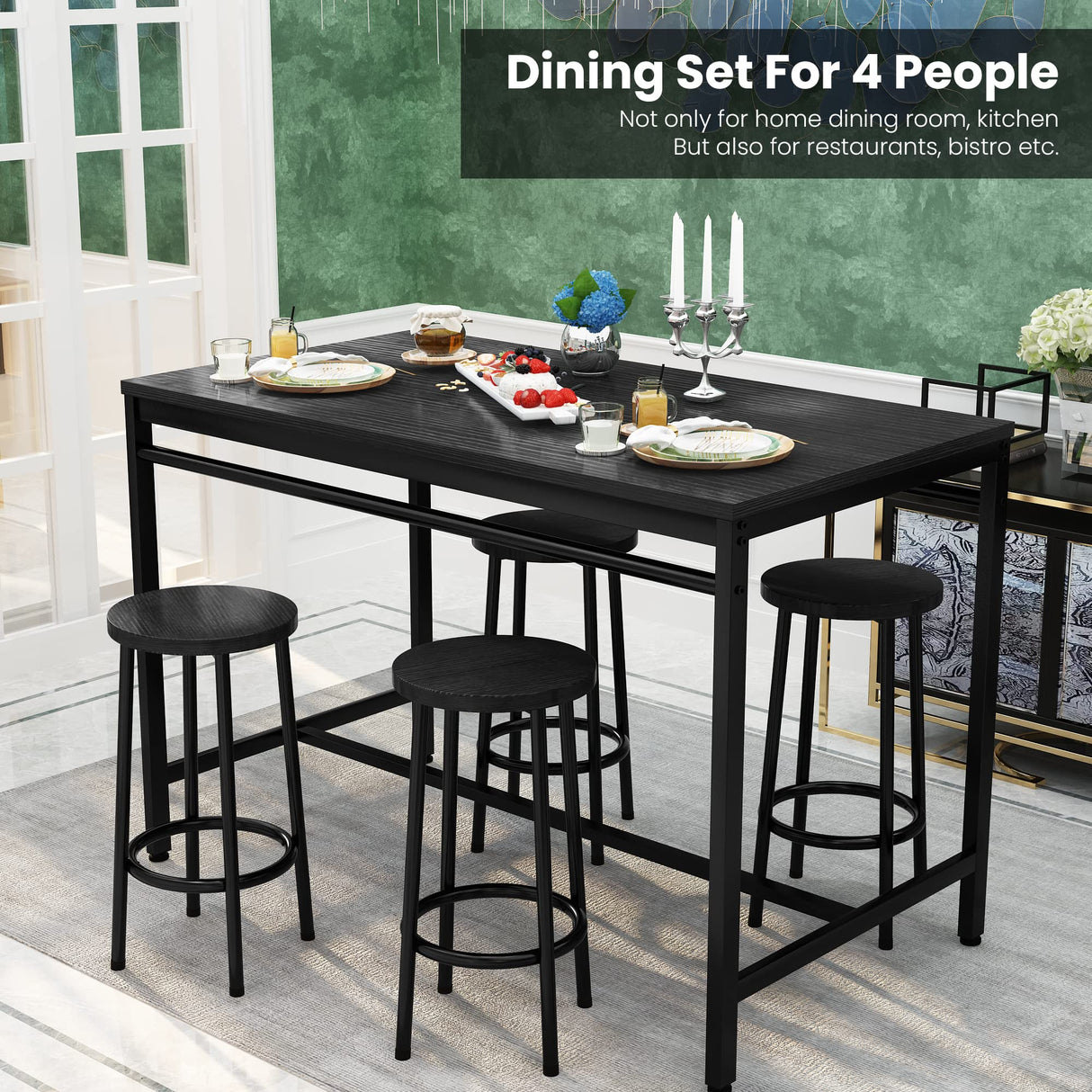 5-Piece Dining Table Set, Kitchen Table and Chairs Set for 4, Industrial Outdoor Bar