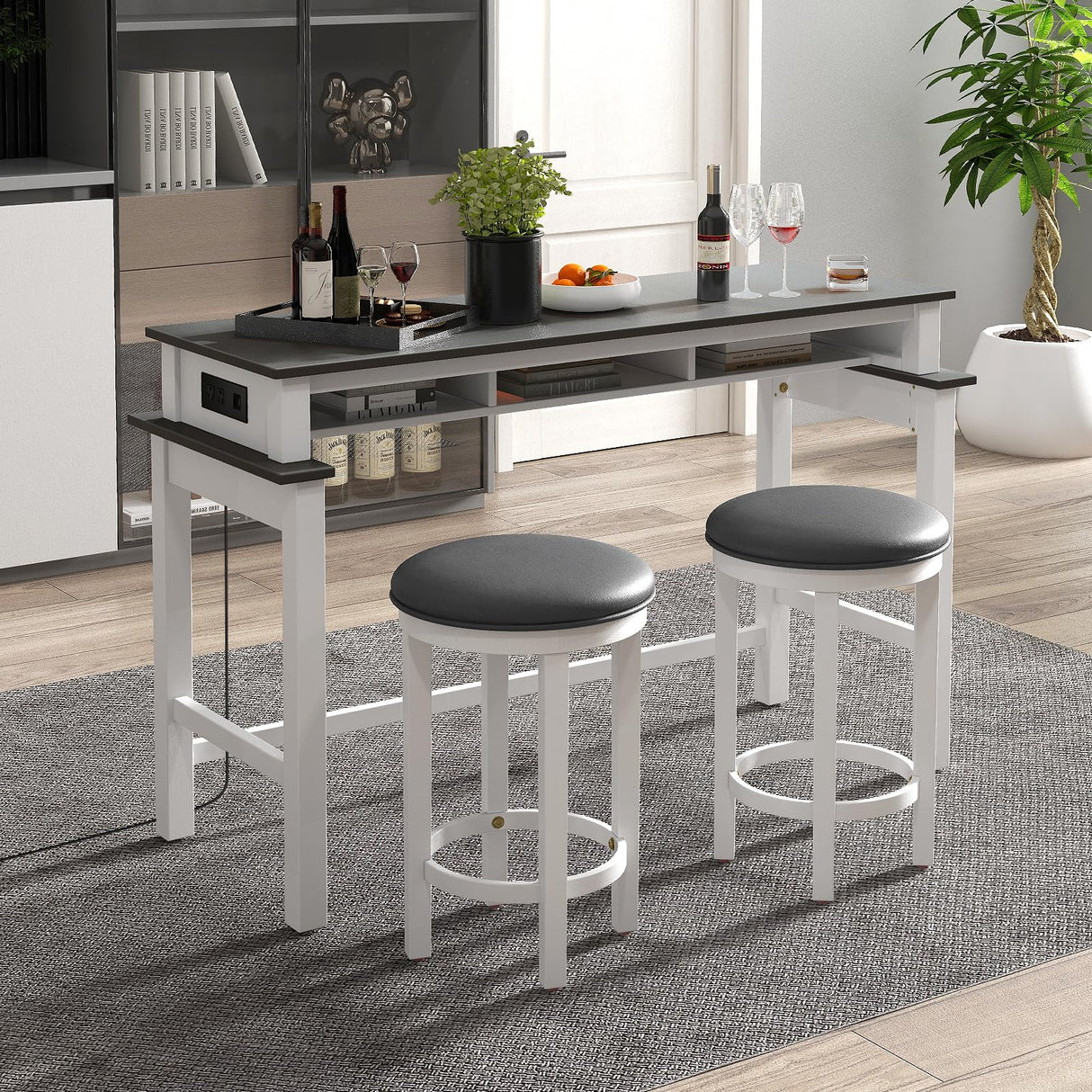 Small Dining Table Set for 2 - Bar Table and 2 Bar Stools, Sofa Table with Outlets