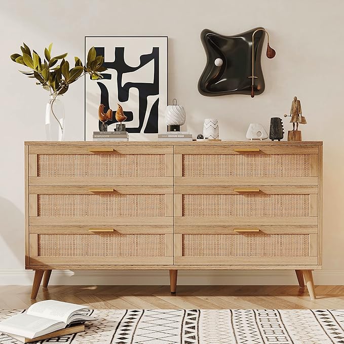 6 Drawer Double Dresser for Bedroom, Rattan Chest of Dressers, Modern Wooden Dresser Chest with Golden