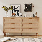 6 Drawer Double Dresser for Bedroom, Rattan Chest of Dressers, Modern Wooden Dresser Chest with Golden