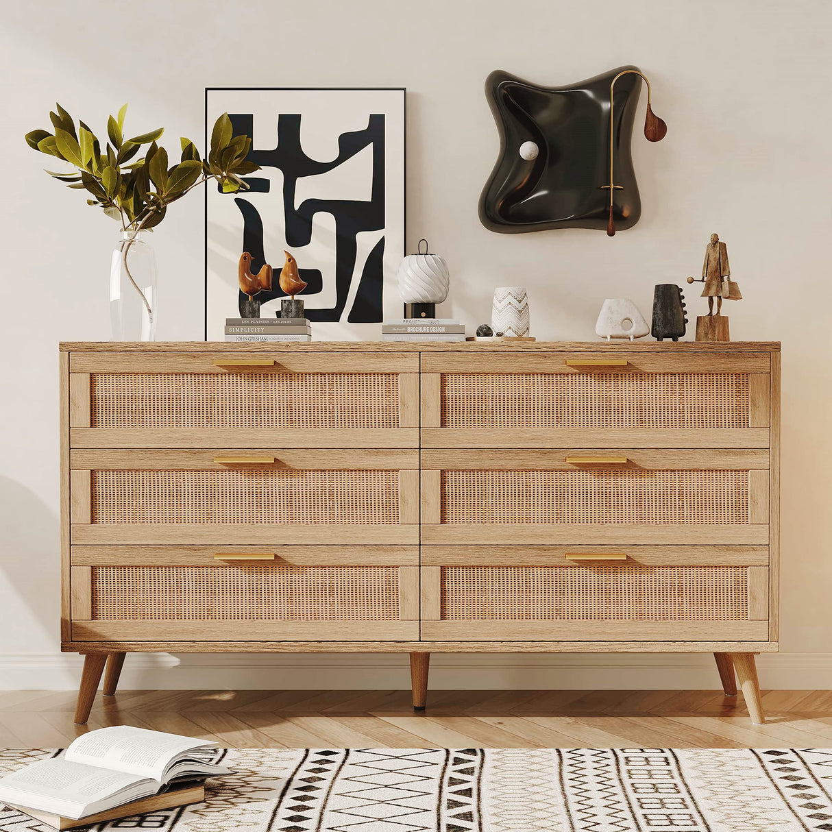 6 Drawer Double Dresser for Bedroom, Rattan Chest of Dressers