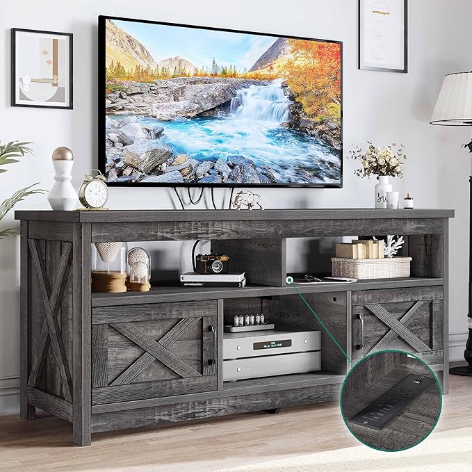 Farmhouse TV Stand for 65 inch TV with Power Outlet, Rustic Entertainment Center